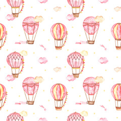 Watercolor seamless pattern with pink hot air balloons, aerostats, clouds, stars for a girl on a white background