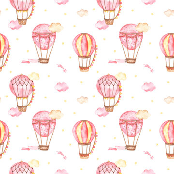 Watercolor seamless pattern with pink hot air balloons, aerostats, clouds, stars for a girl on a white background