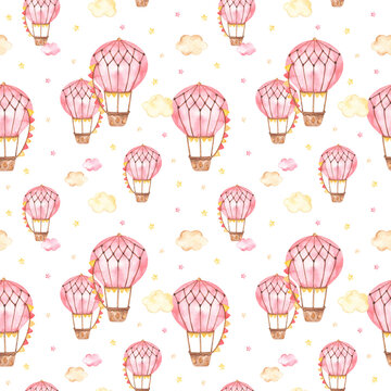 Watercolor seamless pattern with pink hot air balloons, clouds, stars for a girl on a white background