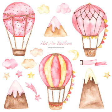 Watercolor set Hot air balloon pink with clouds, flags, ribbon, stars, mountains, for girl, birthday