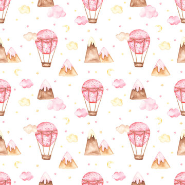 Watercolor seamless pattern with pink hot air balloons, clouds, mountains, stars for a girl on a white background