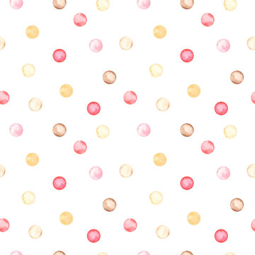 Watercolor seamless pattern with pink, brown, beige circles, polka dots, balloons for a girl on a white background