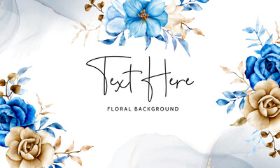 Watercolor floral background template with blue and brown flower and leaves