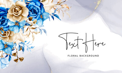 Watercolor floral background template with blue and brown flower and leaves