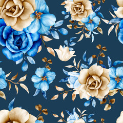 Watercolor floral seamless pattern with blue and brown flower and leaves