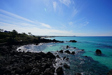 beautiful rock coast and clear bluish water