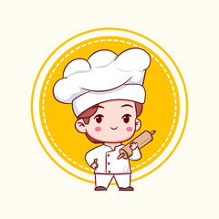 Cute cartoon character of baker chef. Hand drawn chibi character isolated background.