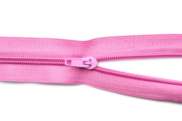 Stylish pink zipper on white background © Pixel-Shot