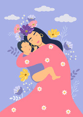 vector illustration in flat style. mother's day greeting card. young woman hugging her baby