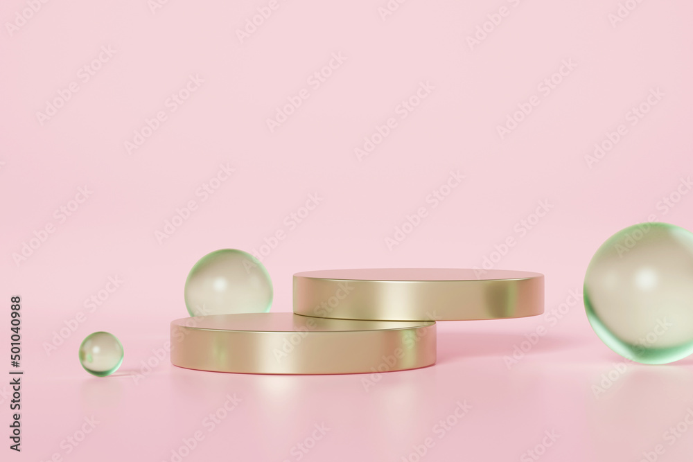 Poster Mock up of gold round podium for product presentation on pink background. 3d rendering.