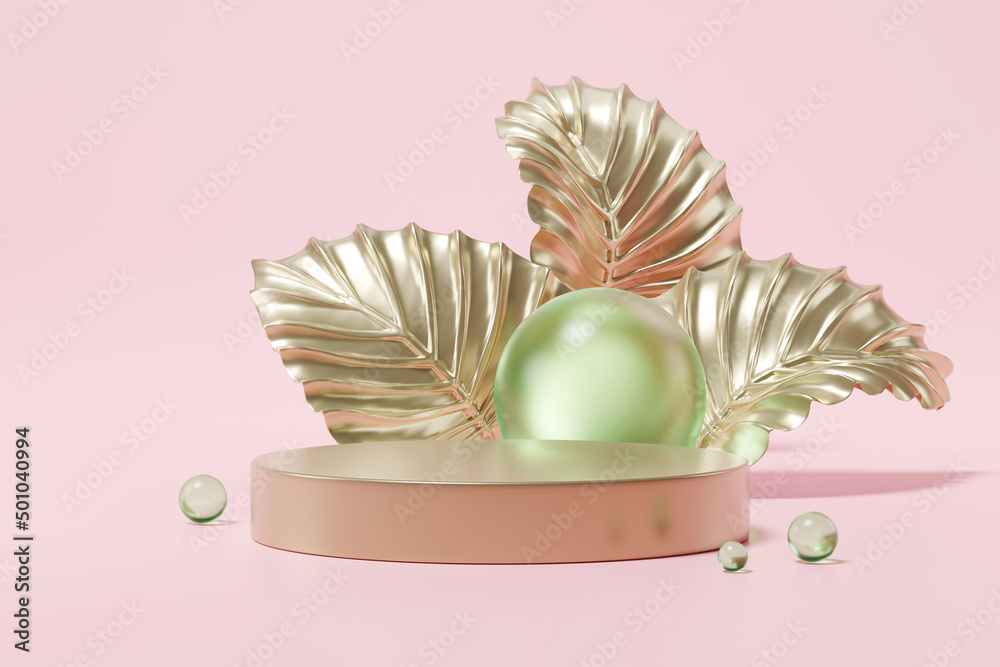 Poster mock up of geometry podium with surreal gold leaf for product presentation on pink background. 3d re
