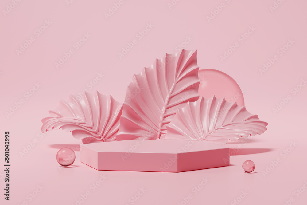 Poster mock up of geometry podium with surreal pink leaf for product presentation on pink background. 3d re