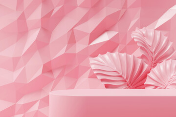 Mock up of podium with surreal pink leaf for product presentation on geometry pattern background. 3d rendering.