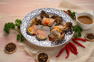 Korean Soy Sauce Pickled Crab, Fresh raw crabs marinated in a mild soy sauce, Gejang Korean traditional food.
