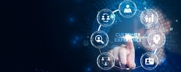 Business, Technology, Internet and network concept. Technology future. Young businessman clicks on the virtual display button: Customer Experience.