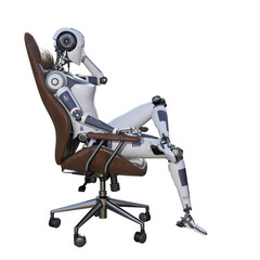 Robot woman sitting on an office chair, isolated on white background. Artificial intelligence concept, future of new office technology. 3d rendering-illustration.