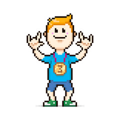 colorful simple vector flat pixel art illustration of cartoon character cheerful character with bronze medal of third place
