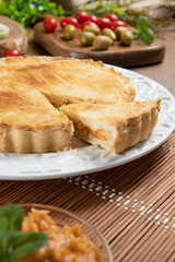 Close up piece of Chicken pie with cottage cheese, tomatoes, onion and olives on wooden table and white plate