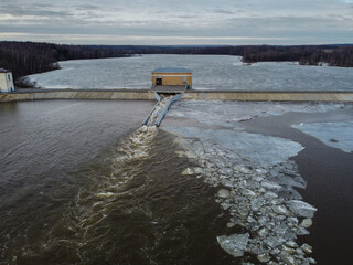 Russia, Moscow region, dam and hydroelectric power station at the mouth of the Koloch River, the descent of spring meltwater.