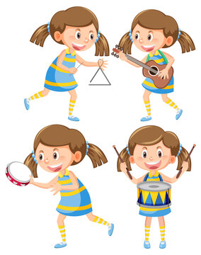 Set of girl cartoon character with music instrument