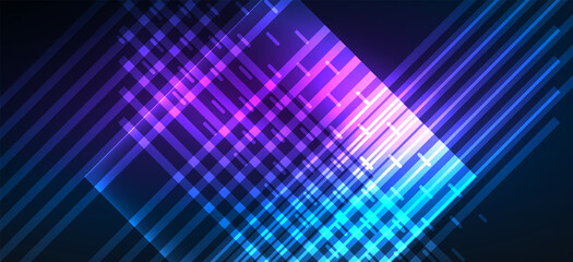 Background neon glowing lines and geometric shapes. Lights in the dark wallpaper for concept of AI technology, blockchain, digital, communication, 5G, science