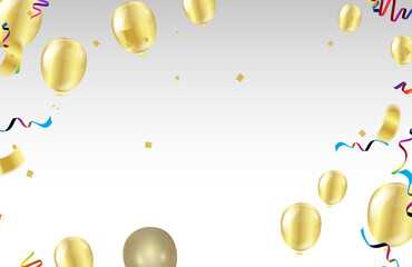balloons gold ..... and sparkles and glitter confetti on  background. Festive realistic style. Celebrate birthday template.