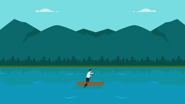 Young man rowing boat in the river