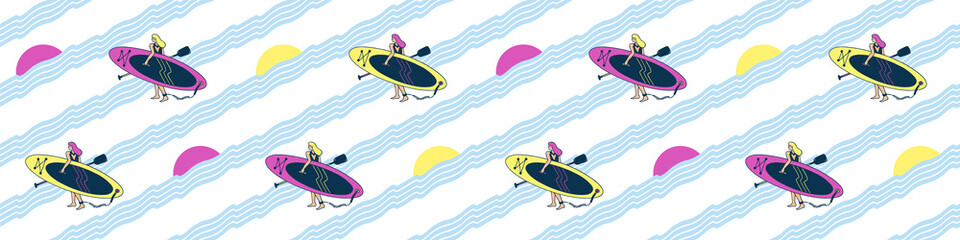 A pattern with a young girl in a swimsuit with a heart on her back carries a SUP board and a paddle for riding the waves. Modern simple bright flat illustration of sunrise and sunset surf on the sea.