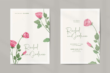 Double side modern wedding invitation template with vintage pink flower watercolor ornaments