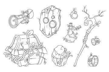 Magic game items with wand, chest, potion and other props. Sketch of druid game objects. Vector illustration isolated in white background