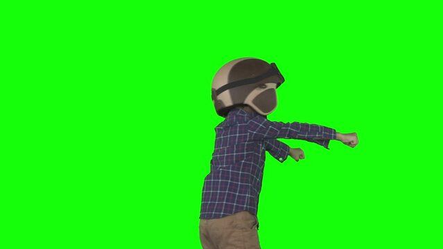 Cute child playing with flying gesture on studio