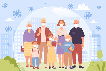 Family people protect health with immune bubble shield vector illustration. Cartoon adults and children stand together, wearing medical masks background. Healthy habits, virus protection concept
