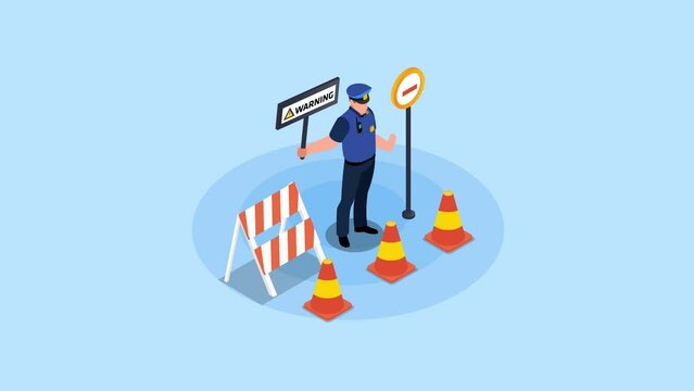 Policeman holding warning sign near traffic cones