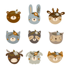 Obraz premium set of Scandinavian animal faces in boho style with flowers and twigs. vector illustration isolated on white background