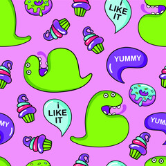 Naklejka premium childish seamless pattern with funny dinosaurs