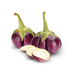 Fresh purple eggplant isolated on white background.