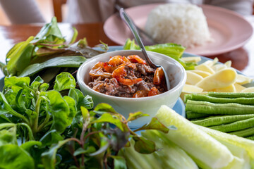 Dip with dried shrimp Phuket style served with fresh vegetable, traditional southern Thai food.