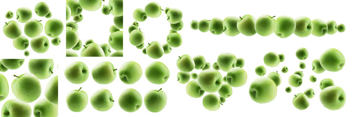 A set of photos. Green apples levitate on a white background