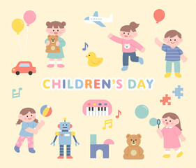 Obraz na płótnie Canvas Children's Day Children are having fun with toys. flat design style vector illustration.
