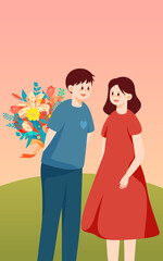 Fototapeta na wymiar Boy surprises girl with flowers on Valentine's day with trees and plants in the background, vector illustration
