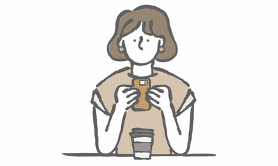 カフェ　コーヒー　スマホ　リラックス　イラスト　女性