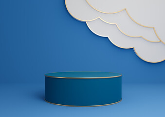 Bright, dark, pastel blue 3D rendering product display podium or stand with abstract clouds and golden lines luxurious minimal, simple composition background cylinder platform