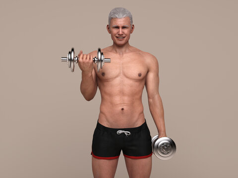 3D Render : Healthy Senior Man Doing Biceps Curl Exercises  - Fit Mature Man Training With Dumbbells With Sport Healthy Lifestyle Concept