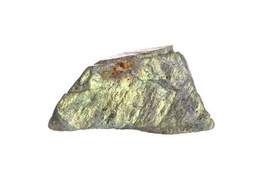 Closeup natural rough green labradorite (feldspar mineral group) stone on white background
