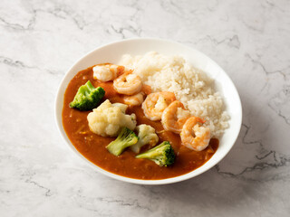 Broccoli, Shrimp and Vegetables on Curry