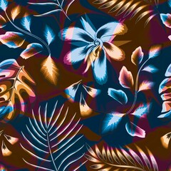 tropical plants and foliage seamless pattern with blue flowers on abstract background. Colorful stylish floral. Floral background. Exotic tropics. Summer design. nature prints texture. jungle art
