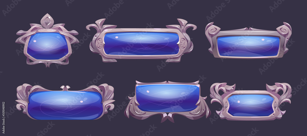 Poster fantasy buttons with silver frames for rpg game. vector game user interface elements different shape