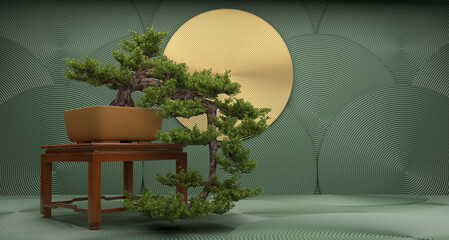 bonsai tree on a green background. 3d rendering - obrazy, fototapety, plakaty