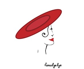 Silhouette of a woman in a voluminous red hat. Girl in a red hat. Fashion house logo