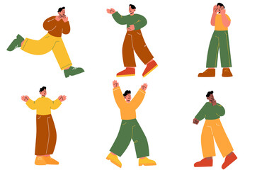 Startled man scream, scared male character run from danger with frightened face, yell, shock, phobia, panic attack, surprised and amazement emotions, Linear cartoon flat vector illustration, set